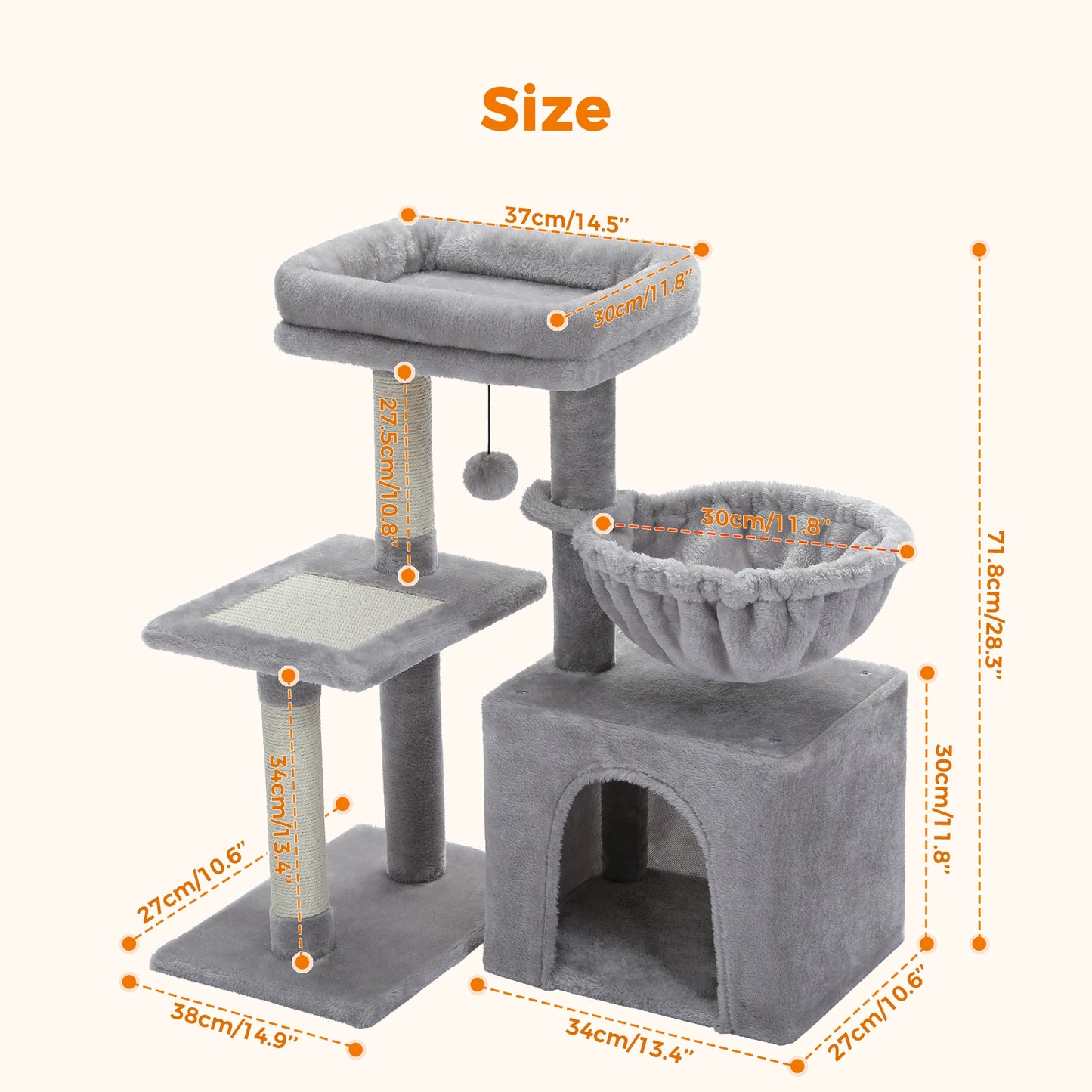 Arbre à chat gris pour intérieur – Tour d’activité avec hamac & griffoirs