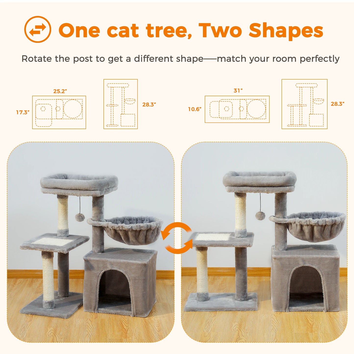 Arbre à chat gris pour intérieur – Tour d’activité avec hamac & griffoirs