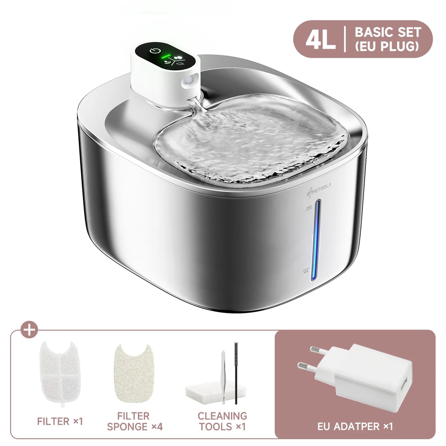 APETDOLA fontaine à eau chat – Inox 4L avec filtration multiple & batterie rechargeable