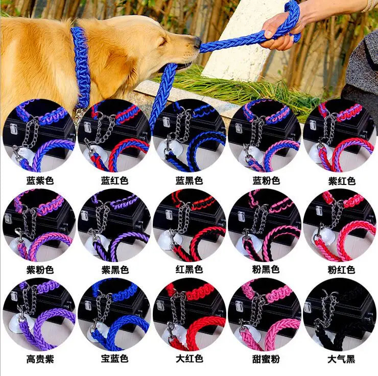 Corde de traction solide pour grands chiens – Laisse métal & collier assorti 1,2m