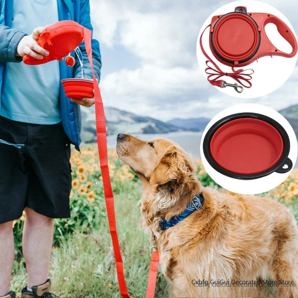 Laisse 3 en 1 rétractable pour chien – Avec bol & bouteille d’eau intégrés