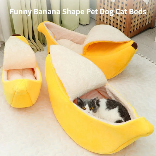 Lit banane amusant pour chat et petit chien – Couchage chaud, portable & durable